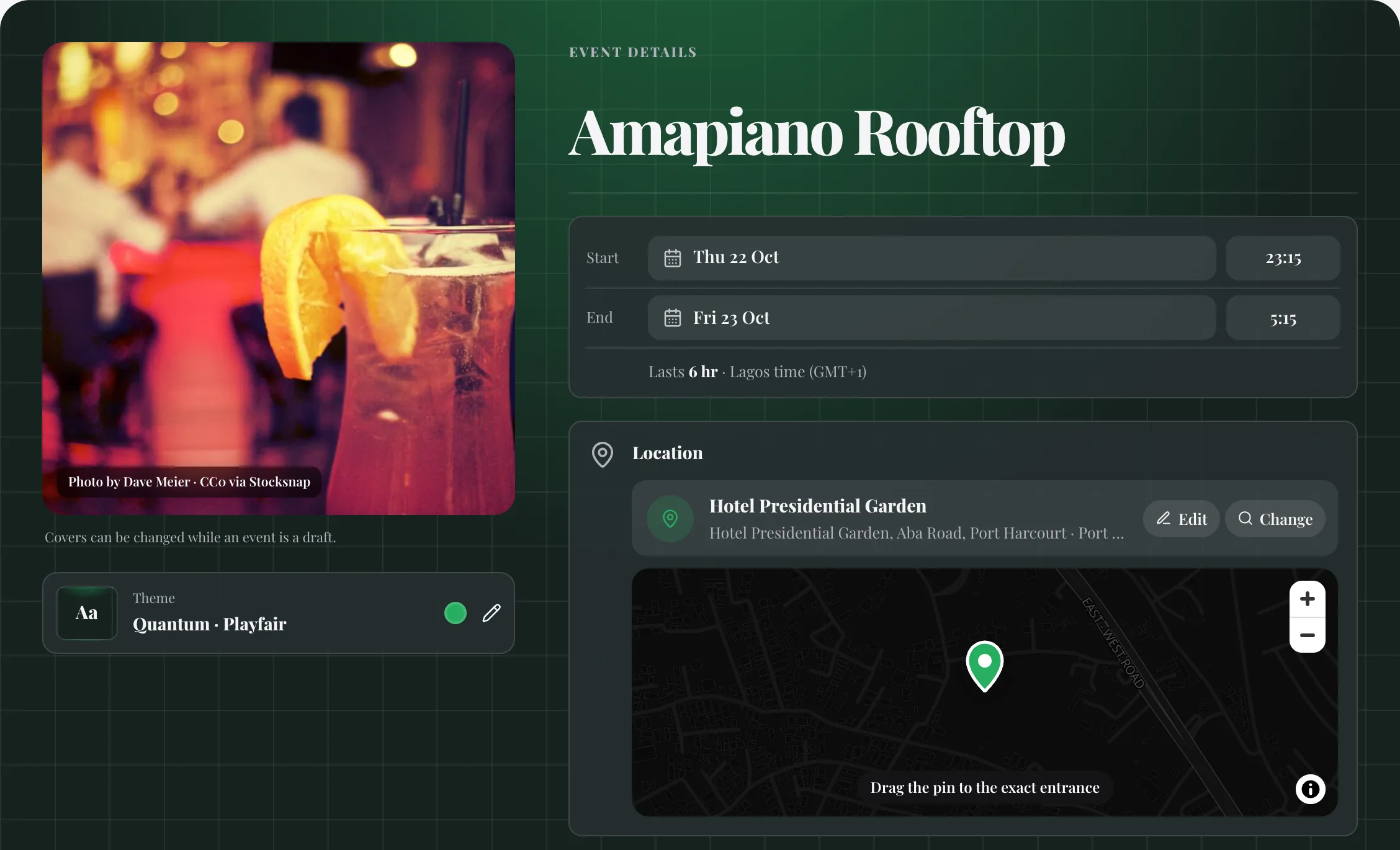 The Klick event editor showing the Amapiano Rooftop cover, schedule and venue map