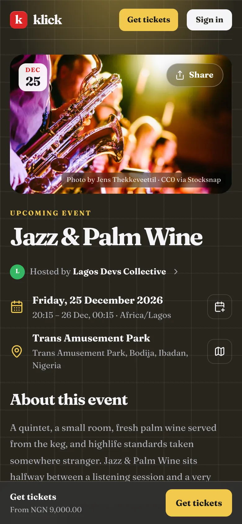 Jazz & Palm Wine event page on Klick