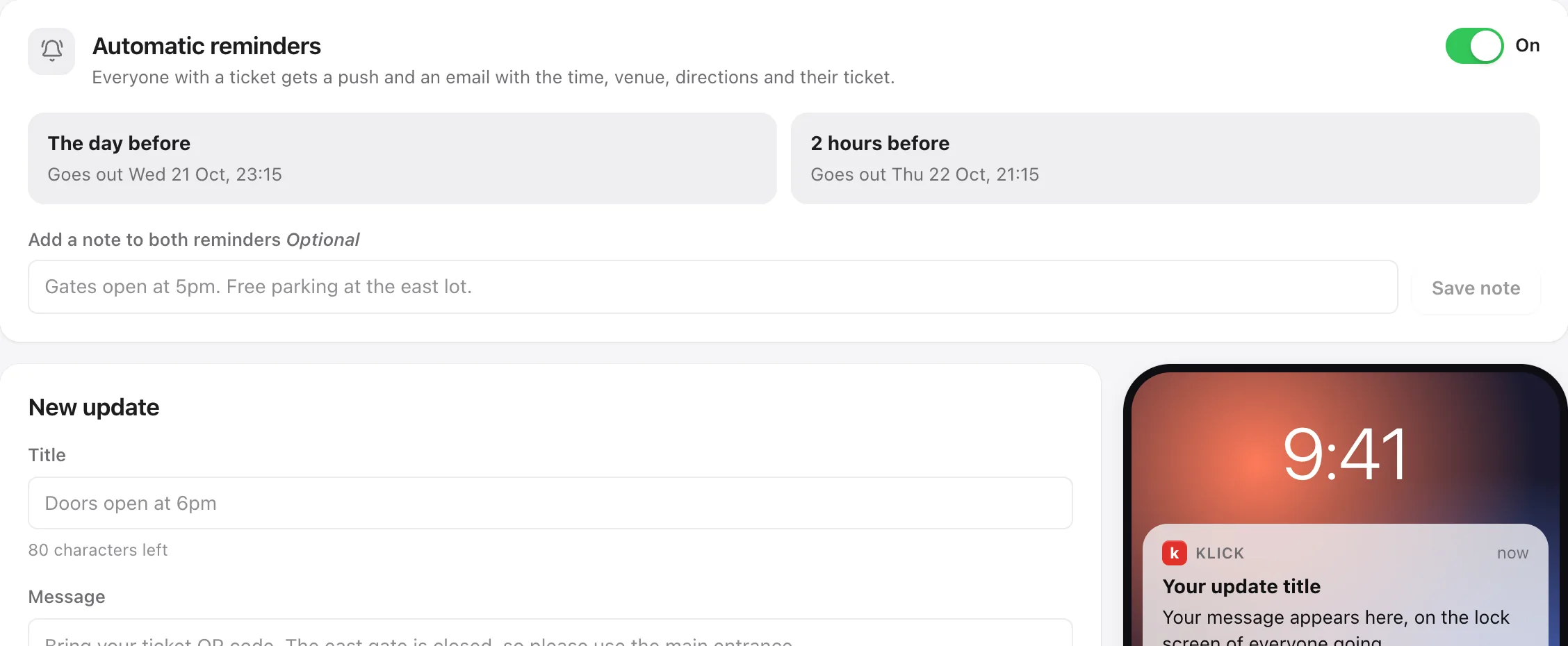 The Klick Updates screen for messaging ticket holders, with automatic reminders